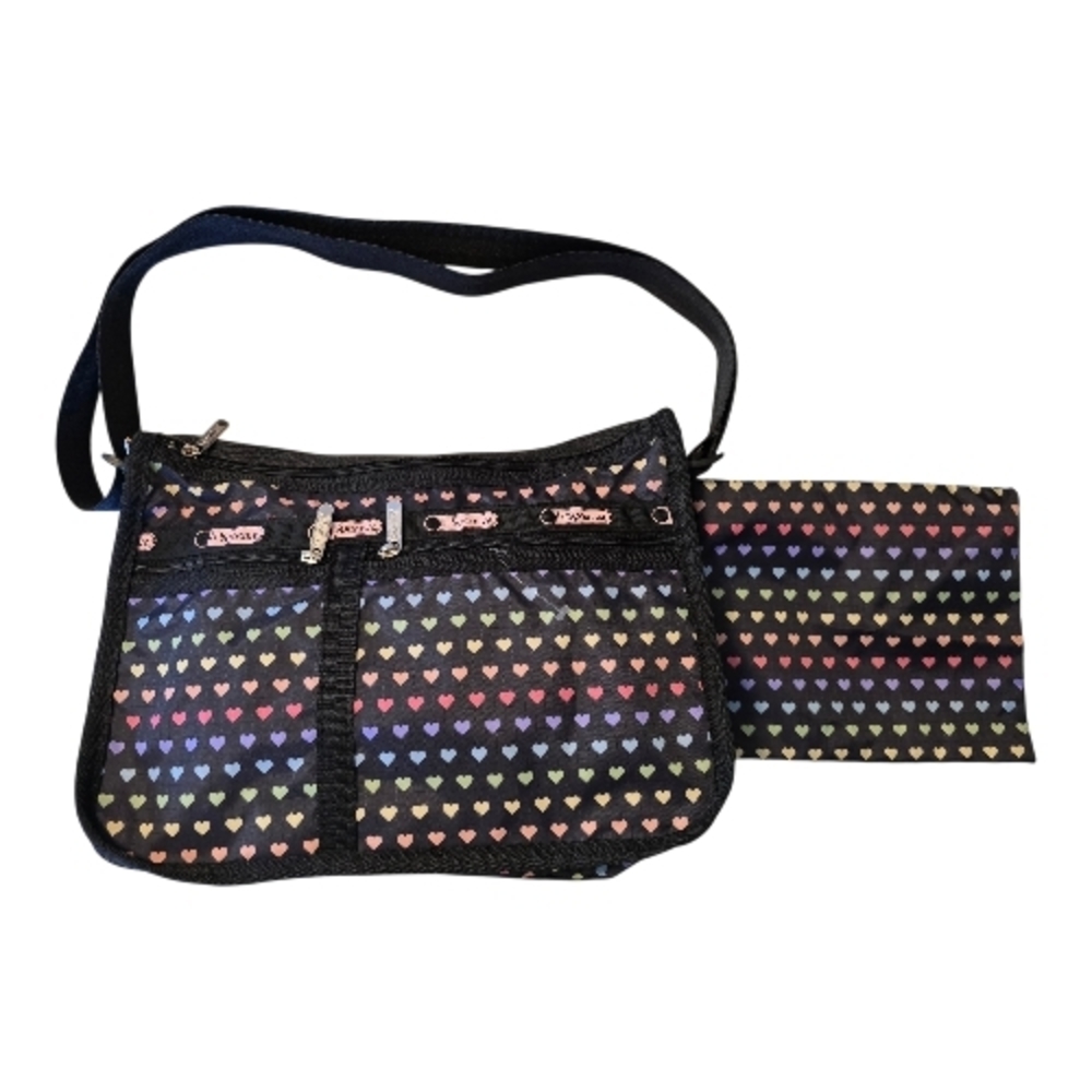 NWOT Lesportsac Shoulder Expandable Bag Black with Multiple Polka Dots